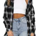 CHYRII Womens Button Down Flannel Shirts Long Sleeve Plaid Shackets Business Casual Blouse Top (X-Large, Black)