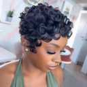Pixixe Cut Curly Wigs for Black Women Short Layered With Bangs for Women Full Machine Made None Lace Front Wigs Human Hair Natural Black Color