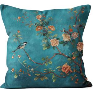 Teal Chinoiserie Floral Bird Pillow Covers 18x18, Cottagecore Room Decor, Rustic Farmhouse Flower Bird Decorative Throw Pillow Covers Pillowcases for Living Room Home Bedroom