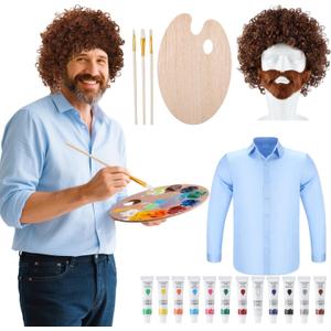 Leumoi 19 Pcs 80s Painter Costume Set Men Brown Afro Wig Beard and Painting Kit for Halloween Painting Artist Cosplay (Medium)