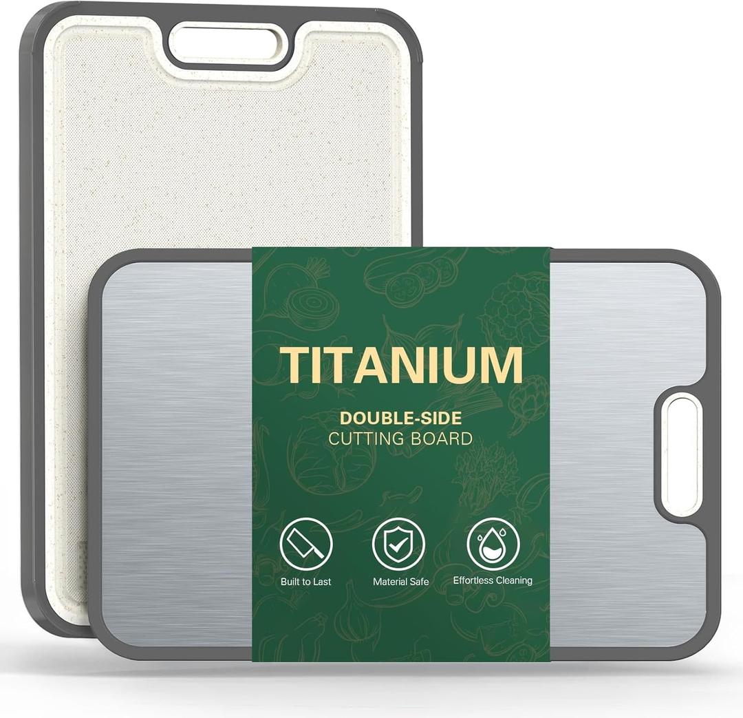 Titanium Cutting Board, Double-Sided Titanium & Straw Plastic Cutting Board, Durable Cutting Boards for Kitchen with Deep Juice Grooves & Built-in Handles, Ideal Kitchen Gifts , Gray
