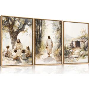 Large Jesus Teaching Children on Path Framed Canvas Wall Art,Empty Tomb Christian Wall Decor,Spiritual Religious Bible Artwork for Living Room,Bedroom,Dining Room,Office -16"x24"x3, 16L"x24W"
