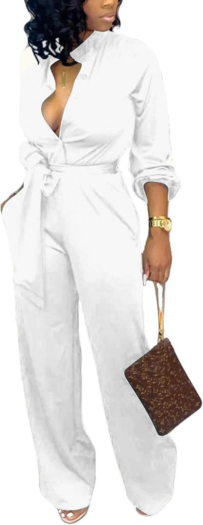 SxClub Jumpsuits for Women Formal Sexy Elegant Long Straight Pants Busineess Party Jumpsuit with Belt Pockets (Medium, White)