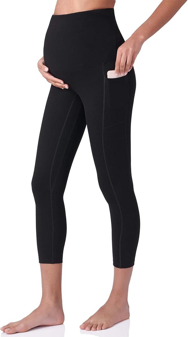 POSHDIVAH Women's Maternity Capri Leggings Over The Belly Pregnancy Workout Active Stretchy Pants with Pockets (Medium, Black)