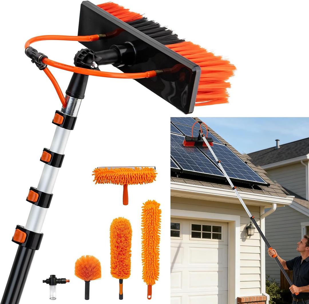 20FT Extendable Cleaning Pole with Adjustable Brush Head & Soap Bottle, Outdoor Cleaning Tool for Windows, Walls, Roofs and Exterior Surfaces