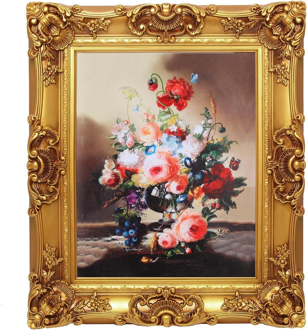 16x20 Gold Vintage Picture Frame with Oil Painting
Plastic Material, Vintage Wall Decor, Gallery Collage, Shatterproof Tempered Glass, Ready to Hang
