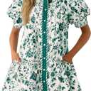 Wenrine Womens Mini Dress Summer Casual Short Puff Sleeve Floral Collared V Neck Loose Button Down Shirt Dress with Pockets (Green, XL)