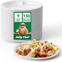 JOLLY CHEF Compostable  Compartment Paper Plates   [ ] Heavy Duty Divided Disposable Eco-Friendly Bagasse Biodegradable Containers White Round Trays for Party Dinner Lunch (9in-150pack)
