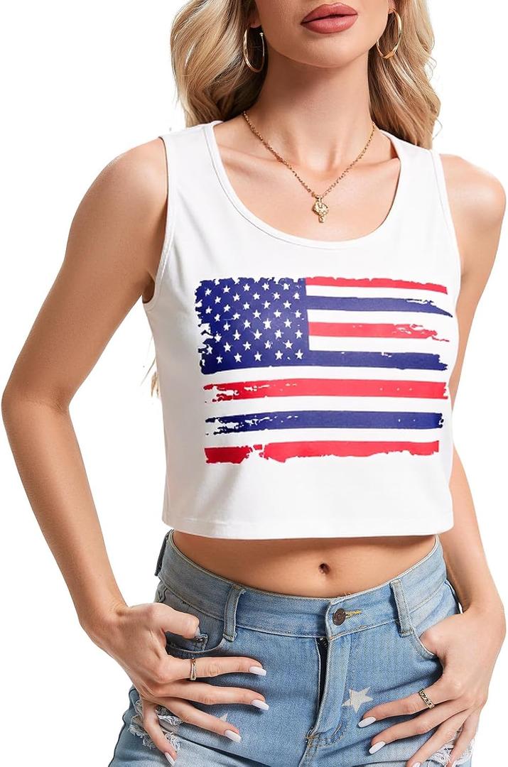 LEACOOLKEY Women's American Flag Crop Tank 4th of July Patriotic Sleeveless Tee Tops (Red)