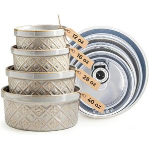 MISSYSSIM Ceramic Mixing Bowls with Lids Set of 4, Embossed Nesting Storage Bowls for Cooking, Serving, Salad, Popcorn etc, Microwave and Dishwasher Safe, Baking Dishes 12/16/28/40 oz (Gray)