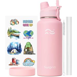Swigina [2-IN-1 LID] Insulated Water Bottle with Silicone Boot (36hrs Cold/18hrs Hot) - DIY Stickers, Leakproof, BPA Free, 32 oz (Pink)