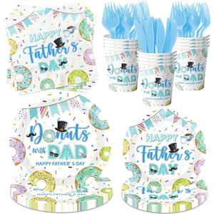 144 Pcs Fathers Day Plates and Napkins Set,Disposable Donuts Cookout Tableware includes Paper Plates,Cocktail Napkins and Cups - Happy Dad Party Theme Decorations Supplies Serve 24Guests