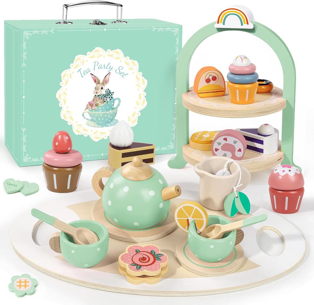 Wooden Tea Party Set for Little Girls, Toddler Pretend Play Food Kitchen Toys, Wooden Tea Set Tray Cake Dessert, Toddler Birthday for Girls Age 2-5 Years Old