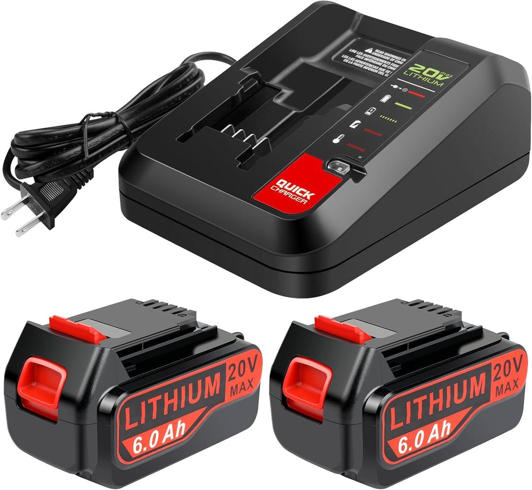 6.0Ah High-capacity Replacement Batteries for Black and Decker 20V Battery with 20 Volt Charger PCC692L, 2 Packs Batteries and Charger Combo Compatible with Black and Decker 20V Lithium Battery