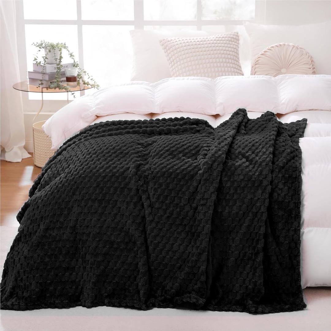Puncuntex Black Throw Blanket 90"90" inches Fuzzy 3D Jacquard Decorative Flannel Fleece Super Soft Plush Cozy Blanket for Couch Sofa Chair Lightweight