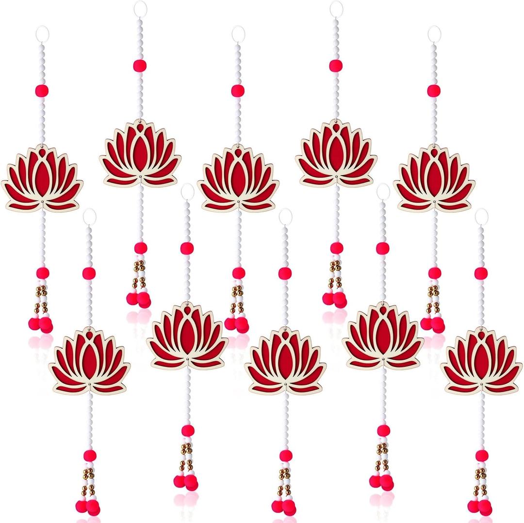 Highergo 10 Pcs Lotus Hanging Decorations Wooden Lotus Garland Ornaments for Diwali Home Indian Floral Wall Hanging for Pooja Temple Room Backdrop, 17.7 Inch
