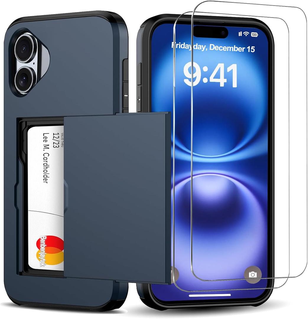 for iPhone 16 Wallet Case with Card Holder + 2 Tempered Glass Screen Protector Protective Dual Layer Shockproof Hidden Card Slot Slim Case Women Men iPhone 16 6.1 inch 2024 (Blue)