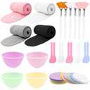 39 Pcs Esthetician Facial Supplies Set: 4 Silicone Facial Bowls, 4 Facial Headbands, 15 compressed sponges, 10 facial spatula, 6 Facial Cosmetic Fan Brushes for Mud Cream, Makeup Peel, Face Cleansing