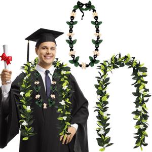 2 Pcs Hawaiian Graduation Lei 2026 Hawaiian Maile Lei with White Tuberose Kukui Nut Leis Leaf Flower Necklace for Wedding Hawaiian College Graduation Ceremony Party Accessories Graduation Gift