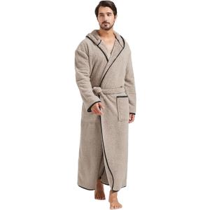 FashGudim 400g Mens Plush Robe with Hood Full Length Winter Long Luxury Hooded Bathrobe for Men Big and Tall (Taupe)