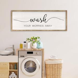 RLWangChao Wash Your Worries Away Sign Bathroom Wall Art Decor 32x12 Inch Wooden Framed Large Modren Farmhouse Laundry Room Shower Room above the Bathtub Wall Hanging (Wood)