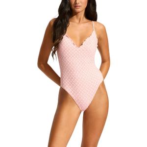 Seafolly Women's Standard V Neck One Piece with High Legline Swimsuit (Pink), Size 8