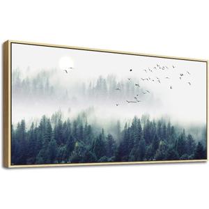 Large Size Framed Wall Decor Living Room Canvas Wall Art For Bedroom Foggy Forest Trees Landscape Painting Office Wall Decorations Boho Home Decor Canvas Pictures Artwork Natural Wood Framed 24" X 48"