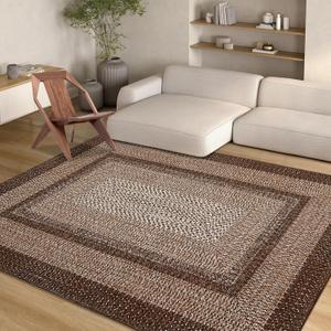 10x13 Large Living Room Rug Braided Print Rug Boho Throw Carpet Farmhouse Rustic Dining Room Carpet Non Slip Geometric Bordered Area Rug Bohemian Carpet for Bedroom Home Decor Office, Brown