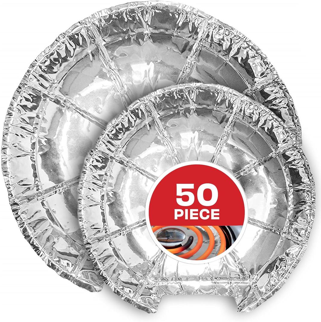 Round Electric Stove Burner Covers (50 Pack) 6 Inch and 8 Inch Disposable Stove Top Aluminum Foil Bib Liners, to Keep Kitchen Range Clean from Oil and Food Drips, Stock Your Home