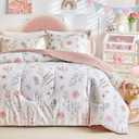 Joyreap 3pcs Floral Cotton Comforter Set for Girls, Pink Flowers n Leaves Botanical Design, Queen Size Soft n Cozy Bedding Comforter Set for All Season- 88x88 inches