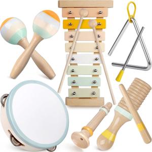 Baby Musical Instruments - Neutral Colors Musical Toys for Toddlers 1-3, Montessori Wooden Percussion Instruments Set with Modern Boho Xylophone Tambourine, Kids Preschool Educational Birthday Gifts (Multicolored)