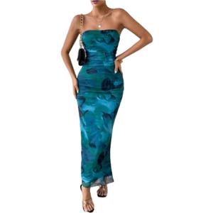 LIGHT DOT Women's Summer Dress Printed Strapless Tube Top Dress Bodycon Maxi Dress Side Slit Mesh Layered (Blue, S)