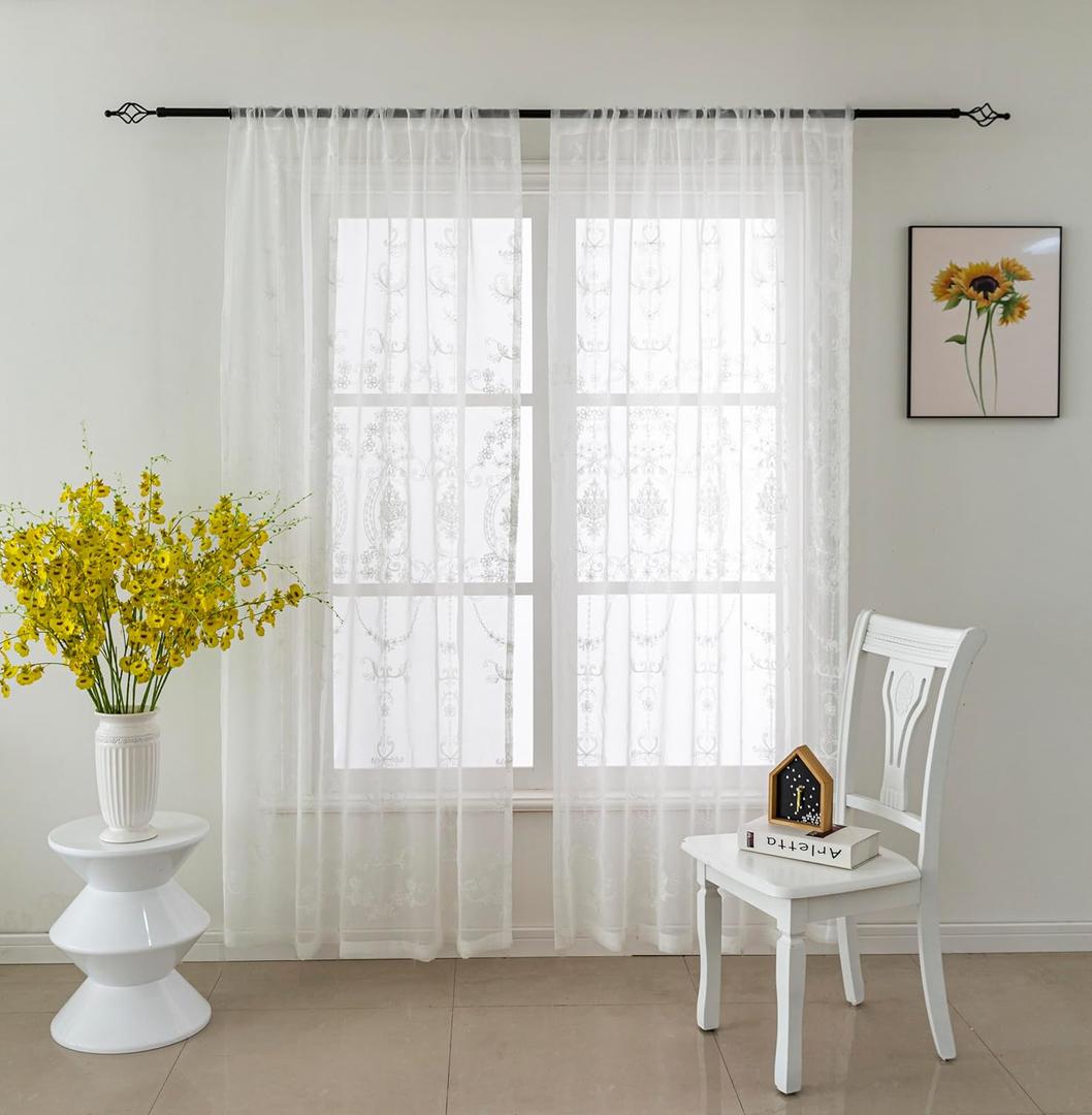 White Sheer Curtains Floral Embroidery Rod Pocket Voile Drapes for Living Room, Bedroom, Window Treatments Semi Flower Pattern Curtain Panels for Kitchen, Yard,54 x 63 Inch, 2 Panels
