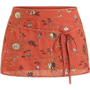 SweatyRocks Women's Sequin Embroidery Y2K Mini Skirts Tie Front Low Waist Boho Summer Skirt (Large, Orange)