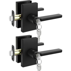 Goldenwarm Black Door Handle with Lock and Key, Square Matte Black Exterior Door Handle, Heavy Duty Zinc-Alloy Keyed Entry Door Lock with Key - 2 Pack