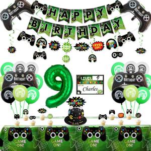 Video Game Party Decorations - 9th Birthday Decorations for Boys, HAPPY BIRTHDAY Banner, Video Game Tablecloth, Gaming Pattern Balloons, Controller Balloons, Gaming Hanging Sign, Gaming Birthday Party