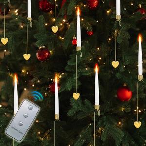 Christmas Tree Candles, 10 Pack Flameless Taper Candles for Christmas Tree Decor, Fake LED Candle Battery Operated with Remote for Xmas Wedding Home Gift with Gold Heart Hook