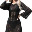 Womens Lace Cover Ups For Swimwear Long Sleeve Crochet Swimsuit Cover Up Dress For Beach Resort Tropical Vacation, XL