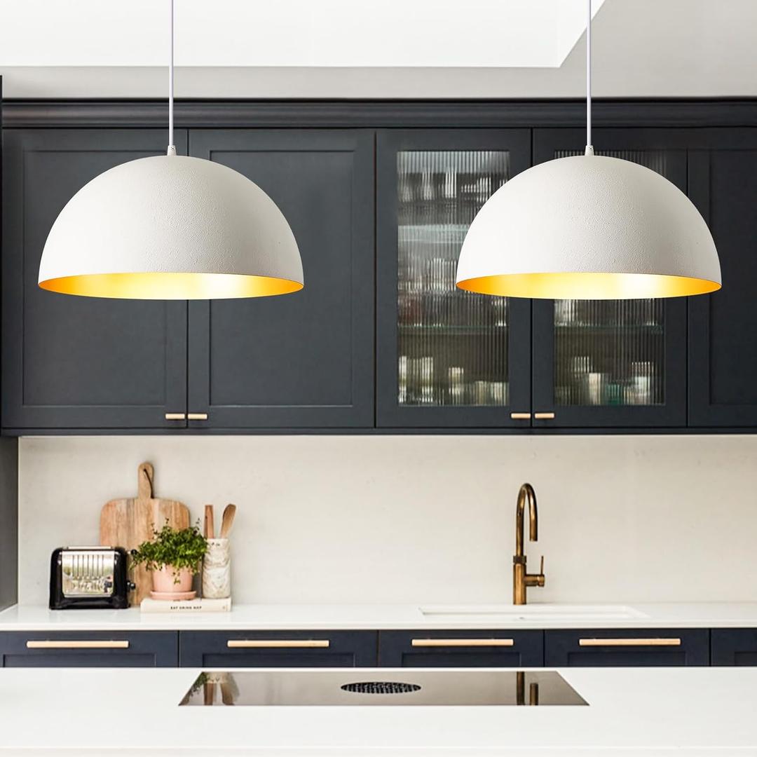 16" Large Dome Pendant Light Fixtures, White and Gold Hemispheric Pendant Lights Kitchen Island, Modern Adjustable Hanging Ceiling Light Chandelier for Kitchen Island Living Room Dining Room, 2 Pack
