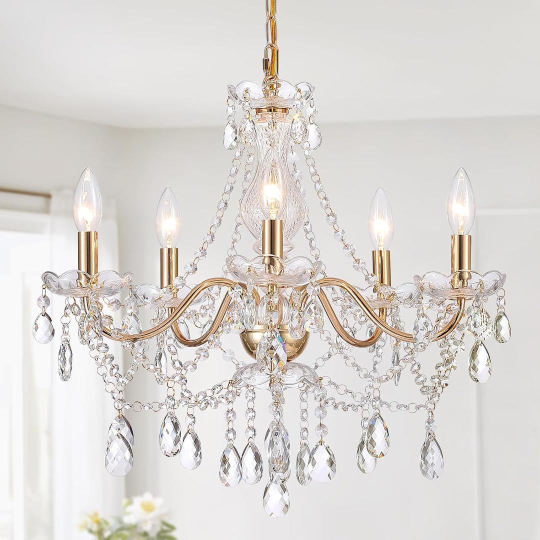AMZASA Crystal Gold Chandelier, Glass Crystal Hanging Pendant Lighting, 5 Light French Country Gold Crystals Chandelier for Ceiling Medallions,Wedding,Dining,Kitchen, Foyer,Dia 20'' Golden (Not plug-in Gold)