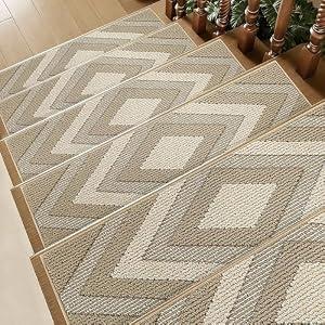 MatMaven Stair Treads for Wooden Steps Indoor, 14 Pack 9"x28" Non Slip Carpet Stair Treads, Machine Washable Stair Runner Rugs with Peel & Stick Reusable TPE Backing for Kids Elders & Pets, Beige