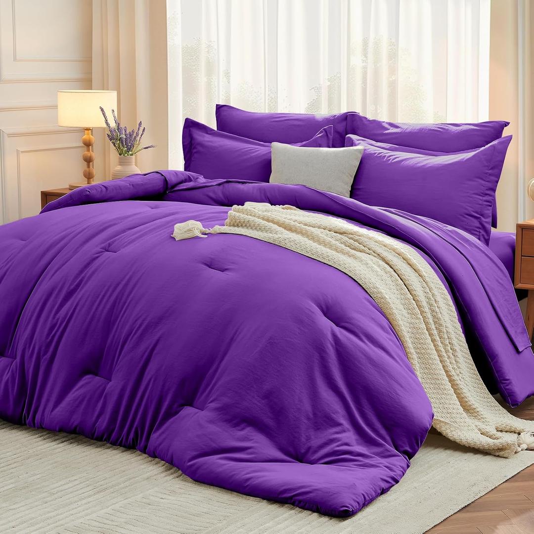 MUXHOMO 7 Pieces Full Comforter Set, Soft Bed in a Bag Full Size, All Season Bedding Set with Comforter, Flat Sheet, Fitted Sheet, Pillowcases & Shams, Purple (Full(82"x86"))