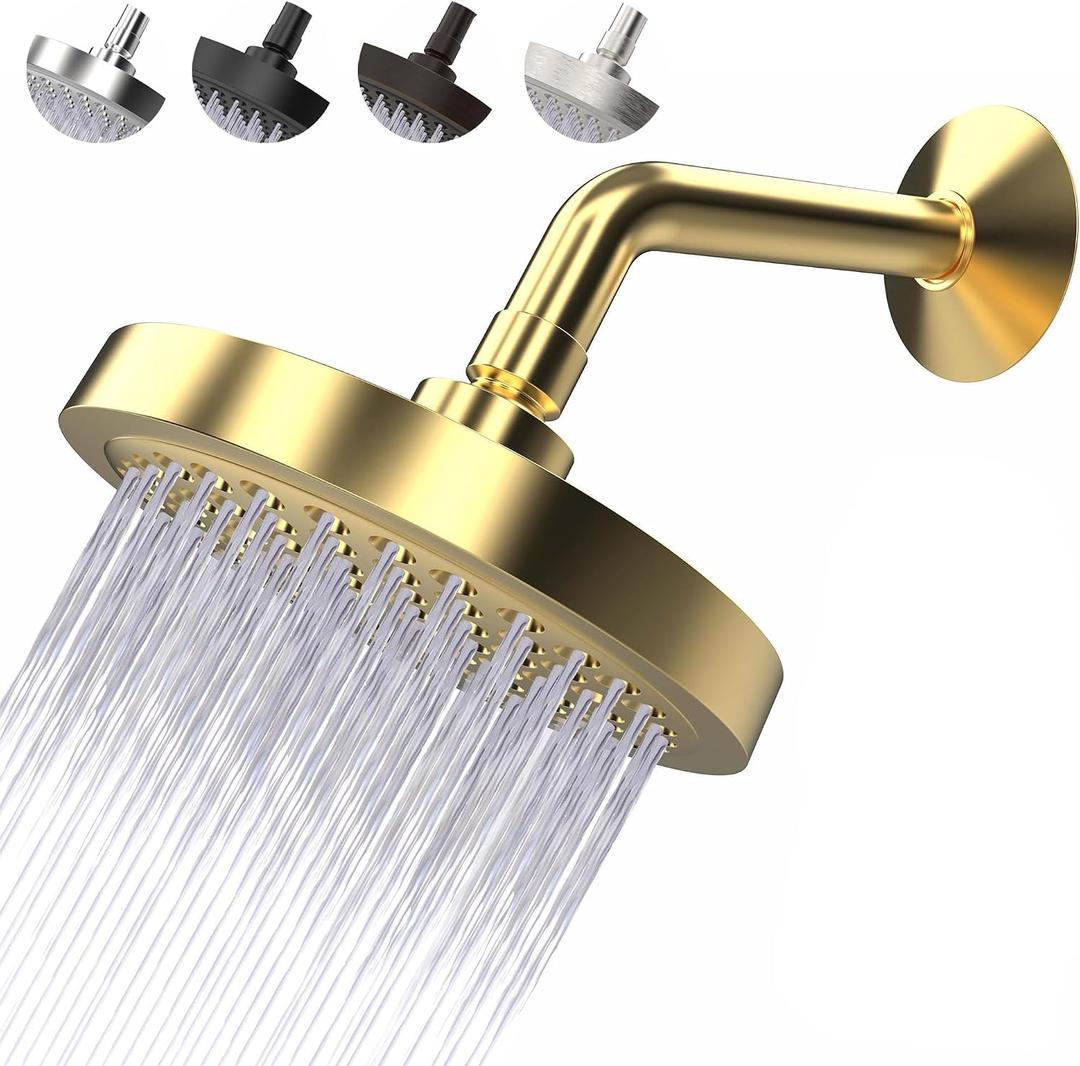 High Pressure Shower Head - Anti-Clogging Silicone Nozzles 2.5 GPM Removable Restrictor - Easy to Clean and Install - Includes Plumbers Tape - 6 inch - (Gold Finish 2.5GPM)