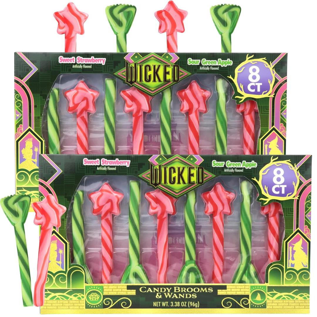 Wicked Candy Cane Brooms and Wands, Sweet and Sour Flavored Stirring Sticks, Christmas Stocking Stuffer Treats, 8 Count, 3.38 Ounces (Pack of 2) (EXP 06/17/27)