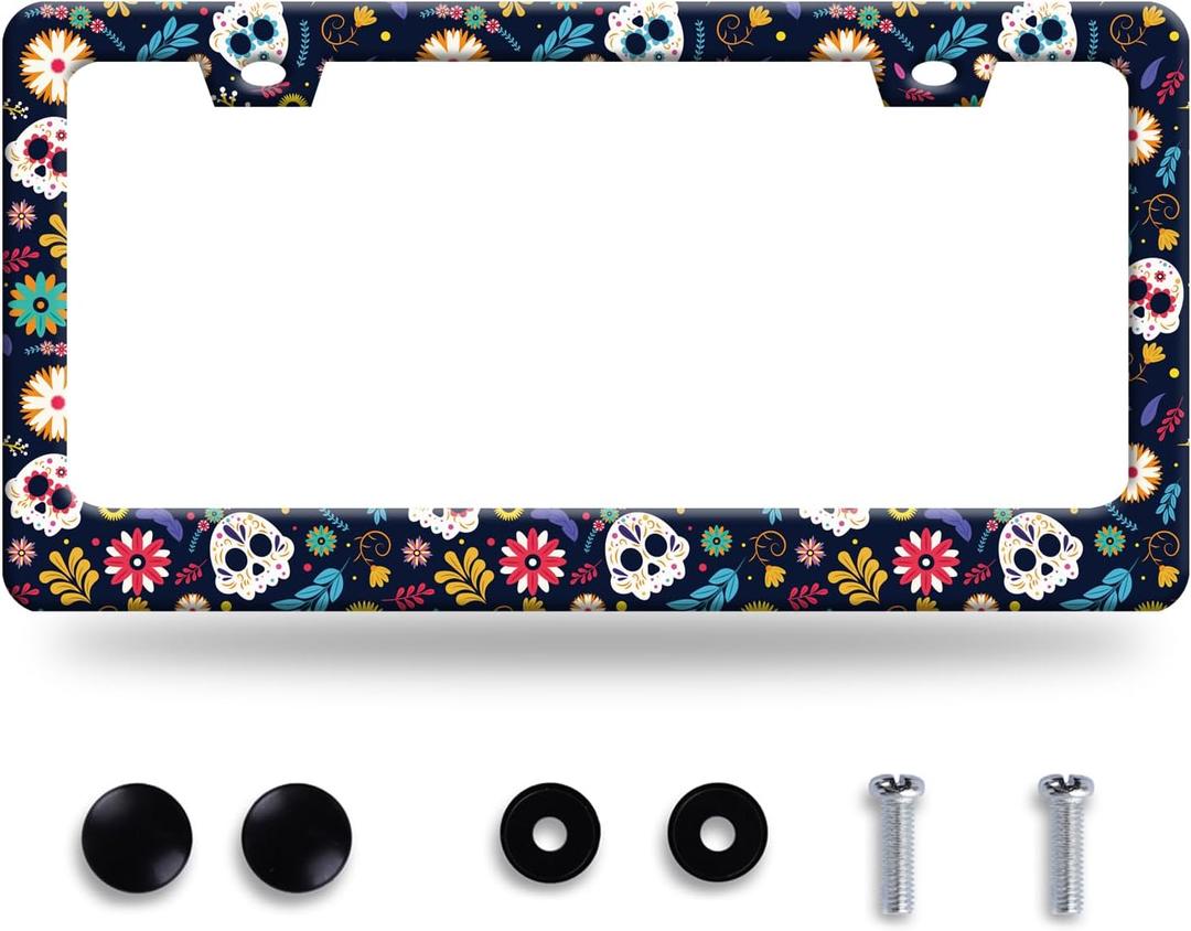 Sugar Skull Flowers License Plate Frame Cute Colorful License Plate Frames Stainless Steel Accessories Cars Decor with 2 Holes and Screws Fits Standard US CA Vehicles Size 12.2 x 6 Inches