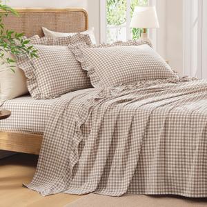 Andency Queen Cotton Gingham Sheets Set Taupe, Soft Breathable 100% Washed Cotton Plaid Ruffle Sheet for Queen Size Bed, 4 Pieces Classic Aesthetic Shabby Chic Farmhouse Room Decor Bedding Set