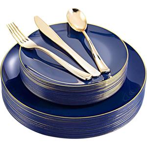 YOUBET 125PCS Blue Plastic Plates - Navy Blue Disposable Plates With Gold Rim Include 25 Dinner Plate, 25 Dessert Plate, 75 Gold Silverware Cutlery for Party & Wedding