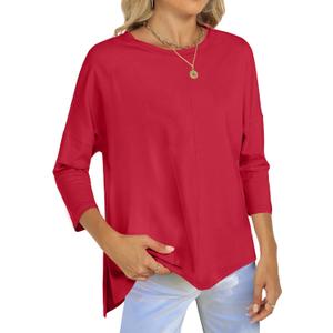 ANRABESS Womens 3/4 Length Sleeve Tops Loose Fit Tunic Shirts Oversized Spring Summer Casual Crew Neck Basic Boxy Tee (Red, M)