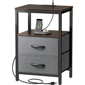 Huuger Nightstand with Charging Station, Fabric Drawers, End Table with Open Shelf, Bedside Table with USB Ports and Outlets, Night Stand for Bedroom, Walnut
