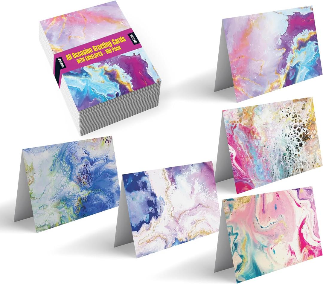 Better Office Products 100-Pack All Occasion Greeting Cards, Assorted Blank Note Cards, 4 x 6 inch, 5 Abstract Art Designs, Blank Inside, with Envelopes, 100 Pack